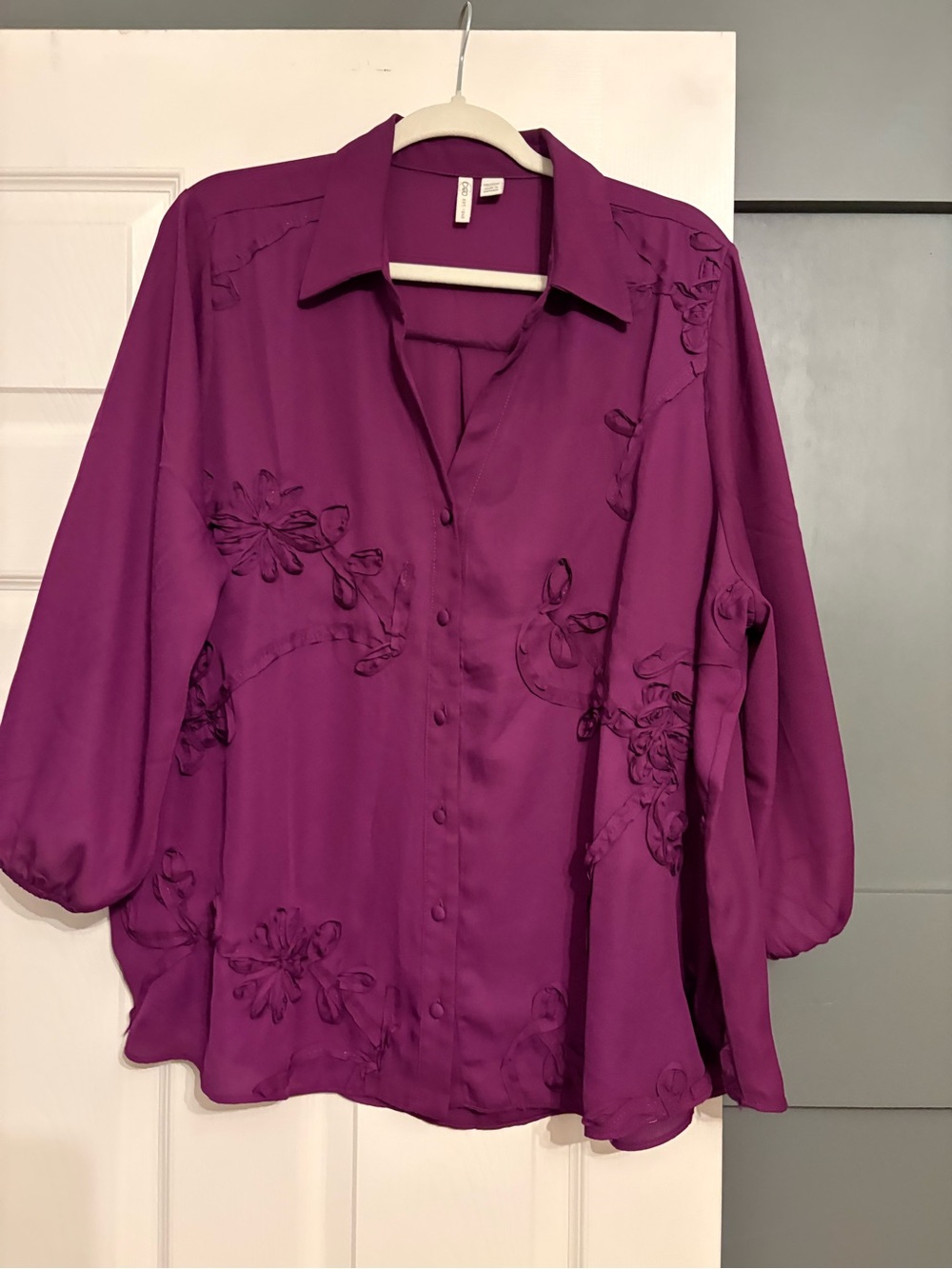 Button-Front Purple Embroidered Blouse